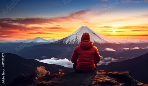 Man wearing mountain jacket sitting on top of the mountain and watching the sunrise in the morning