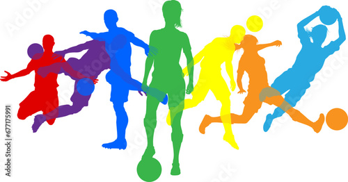 Silhouette soccer football player set. Active sports people healthy players fitness silhouettes concept.