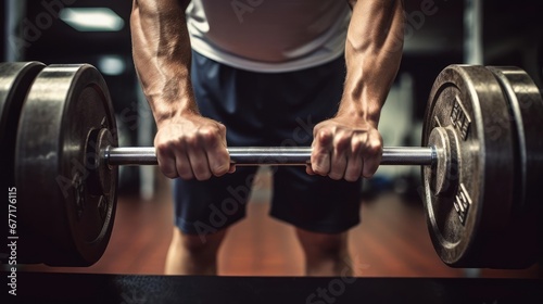 Muscular male arms and barbell bar