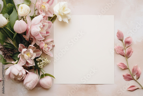 A flat lay of bridal stationery adorned with fresh flowers, including tulips, hellebores, and eucalyptus
