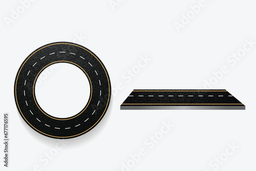 Realistic road shapes top view side view drawing. Circular road vector illustration.  photo