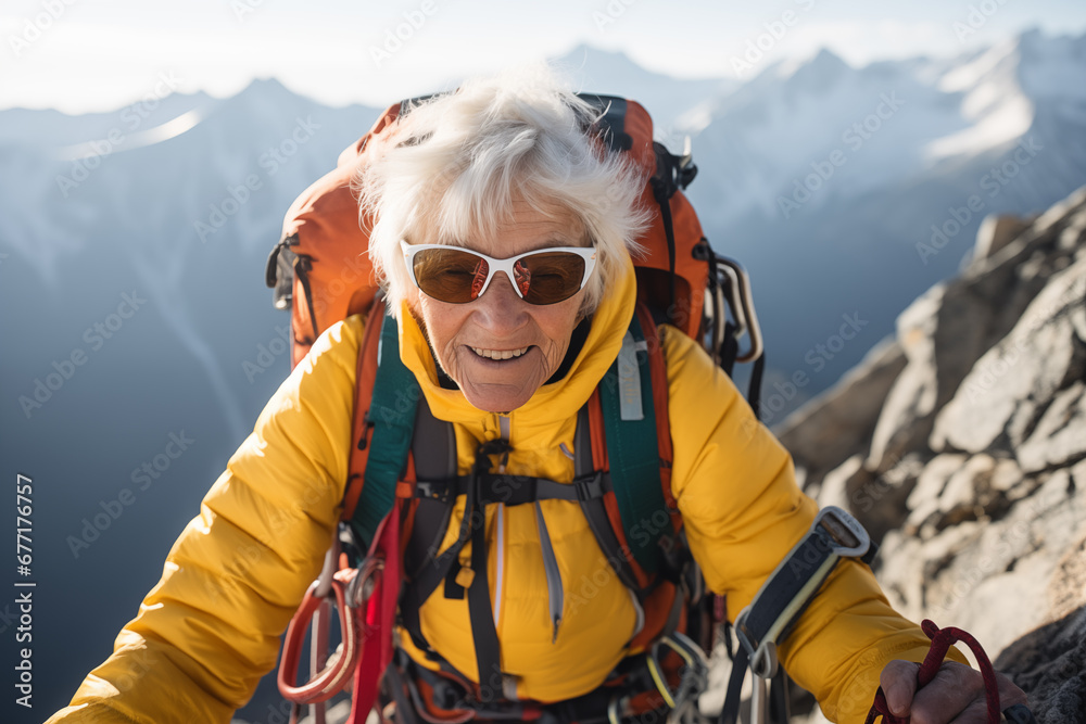 Close up portrait of 80 years old silver haired woman who climbs to the top of the mountain
