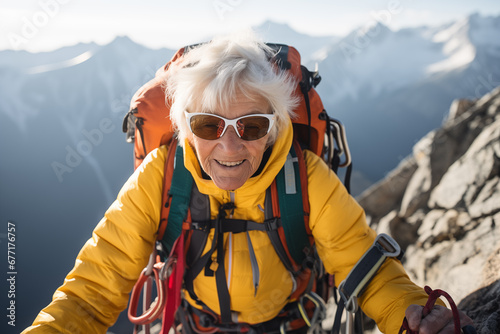 Close up portrait of 80 years old silver haired woman who climbs to the top of the mountain