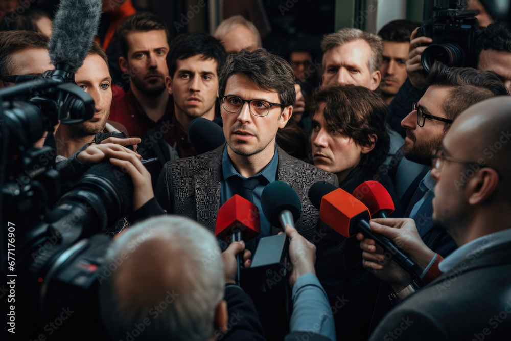 Street Democracy: Politician Faces a Swarm of Journalists in a Press Conference Under the Open Sky - obrazy, fototapety, plakaty 
