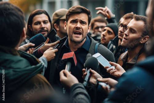 Street Democracy: Politician Faces a Swarm of Journalists in a Press Conference Under the Open Sky