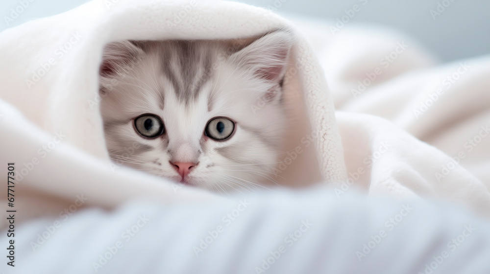 A small cute kitten in a white blanket or bedspread. The kitten's face peeks out of the blanket. Coziness concept. Pet in the bedroom