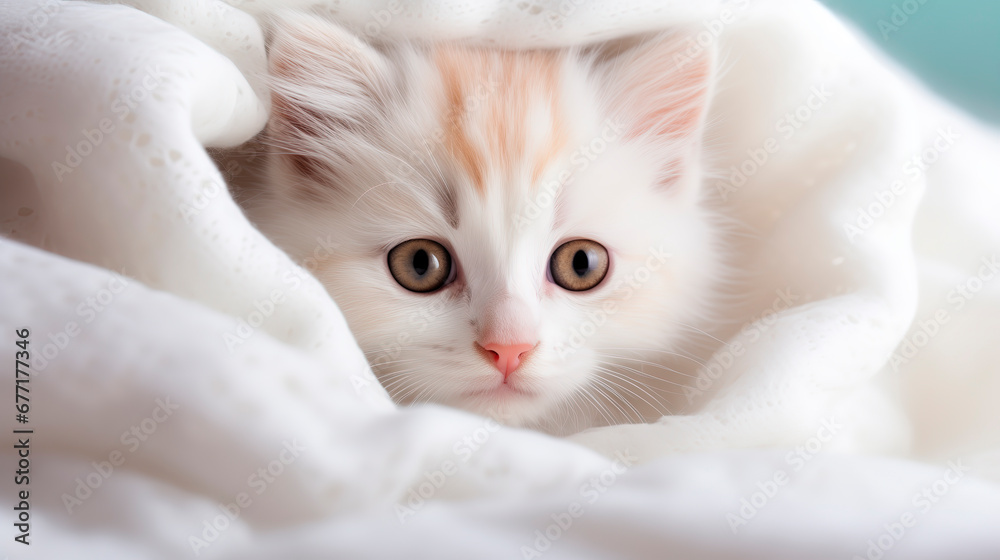 A small cute kitten in a white blanket or bedspread. The kitten's face peeks out of the blanket. Coziness concept. Pet in the bedroom