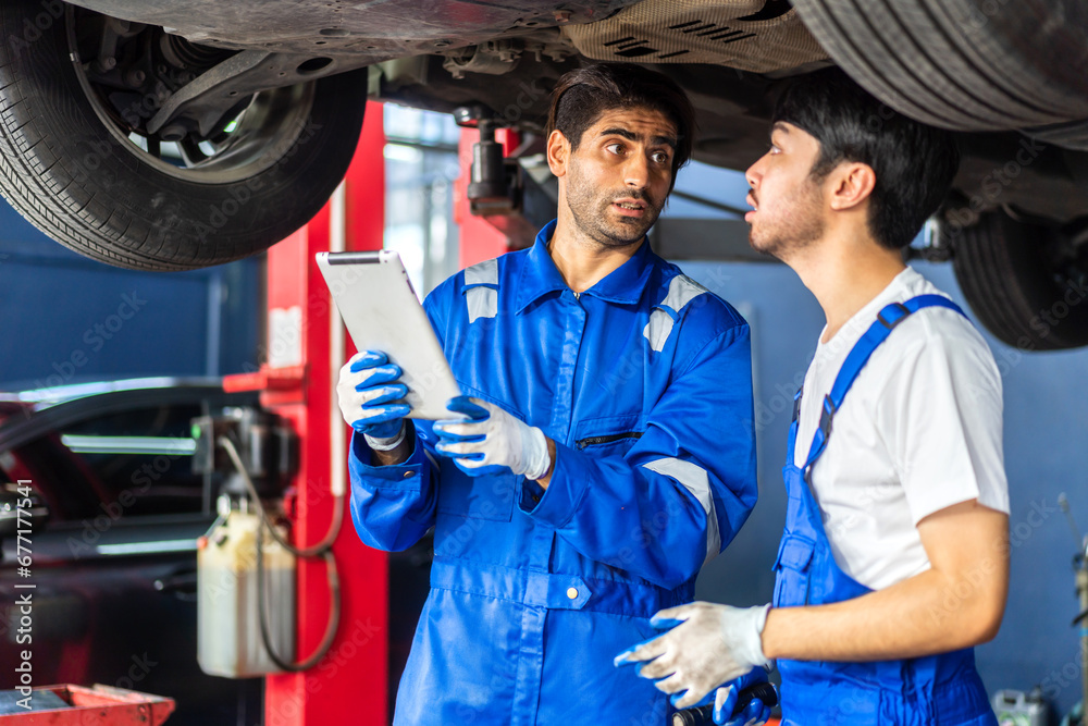 Professional car technician mechanic man in uniform work fixing vehicle car engine and maintenance repairing checking under the car hood in auto service. Automobile service garage Professional car technician mechanic man in uniform work fixing vehicle car engine and maintenance repairing checking under the car hood in auto service. Automobile service garage