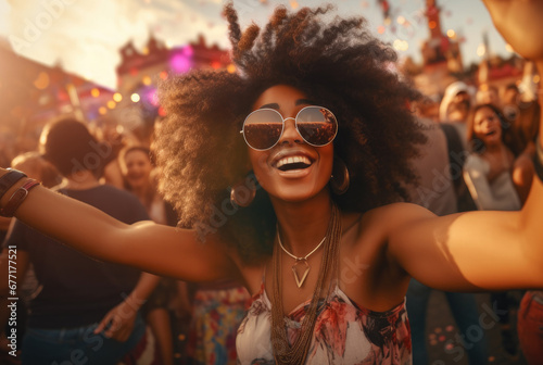 Rhythmic Bliss: Capturing the Essence of Joy in a Psy Trance Open-Air Concert with a Beautiful African American Woman