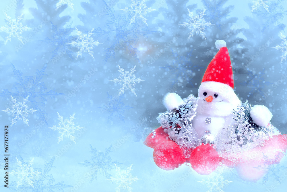 Cute cheerful snowman on a snowy background. Christmas and New Year.
