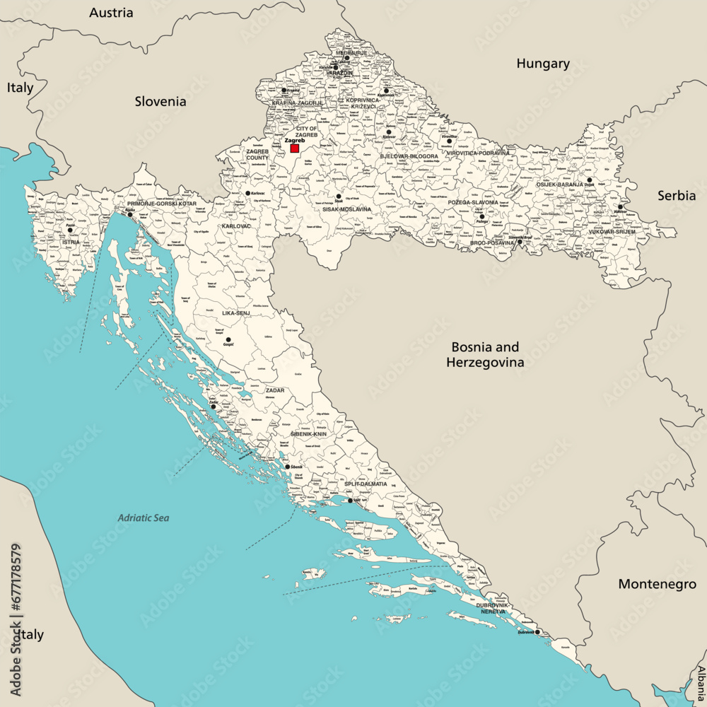 Croatia administrative divisions detailed vector map with all counties, capital cities of each county, municipalities and towns inscriptions - obrazy, fototapety, plakaty 