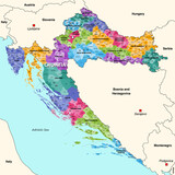 Croatia administrative divisions detailed vector map with neighbouring countries and territories. All counties, capital cities of each county, municipalities and towns inscriptions