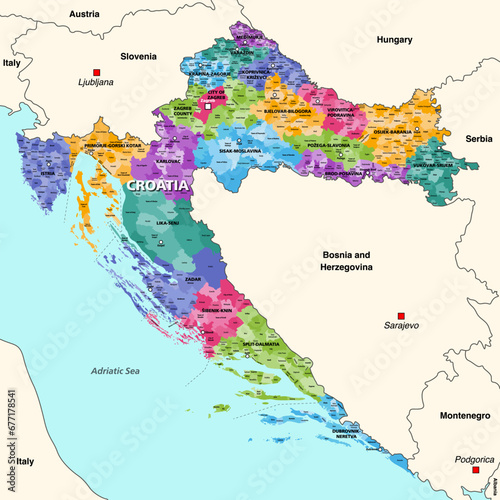 Croatia administrative divisions detailed vector map with neighbouring countries and territories. All counties, capital cities of each county, municipalities and towns inscriptions photo