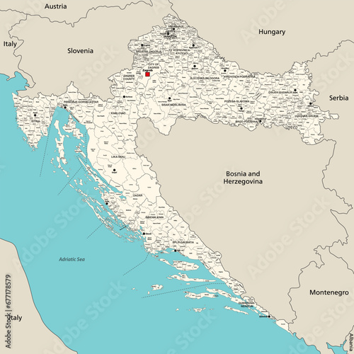 Croatia administrative divisions detailed vector map with all counties, capital cities of each county, municipalities and towns inscriptions photo