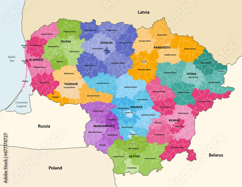 Lithuania administrative divisions (counties, municipalities and elderships) vector map with neighbouring countries and territories