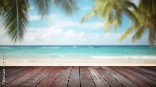 Dark wood floor top on blur tropical beach background, Advertisement, Print media, Illustration, Banner, for website, copy space, for word, template, presentation © Space_Background