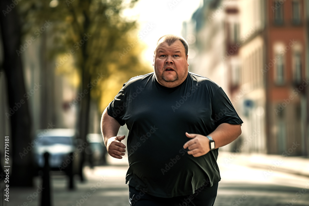 Fat man runner on running. Fat man with big belly on jogging for weight loss. Man overweight sprinter to lose fat. Run in sprint on footpath and regain vitality. Obese male on Fitness for weight loss. Fat man runner on running. Fat man with big belly on jogging for weight loss. Man overweight sprinter to lose fat. Run in sprint on footpath and regain vitality. Obese male on Fitness for weight loss.