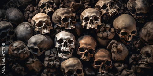 Eerie collection of human skulls in darkness. © smth.design
