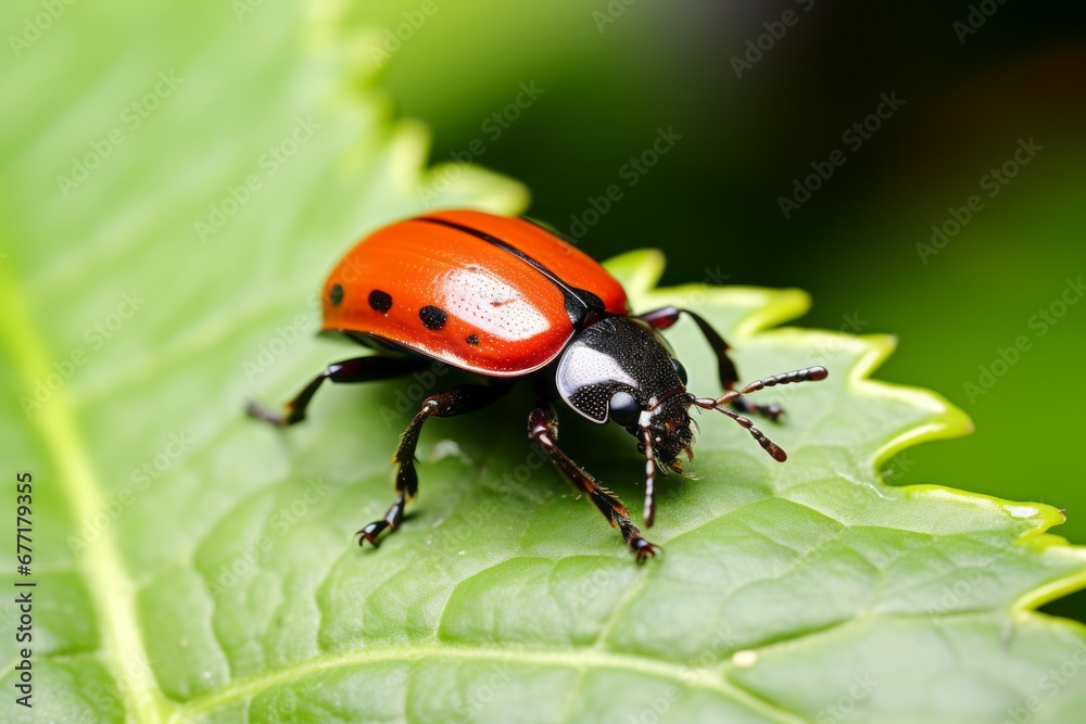 Fototapeta premium A red beetle Crawling on a Leaf
