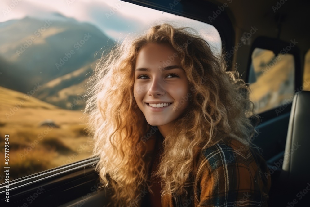 Young beautiful smiling curly haired woman driving retro minivan while travelling to the mountains