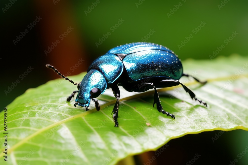 a close up of a blue beetle on a green leaf a close up of a blue beetle on a green leaf
