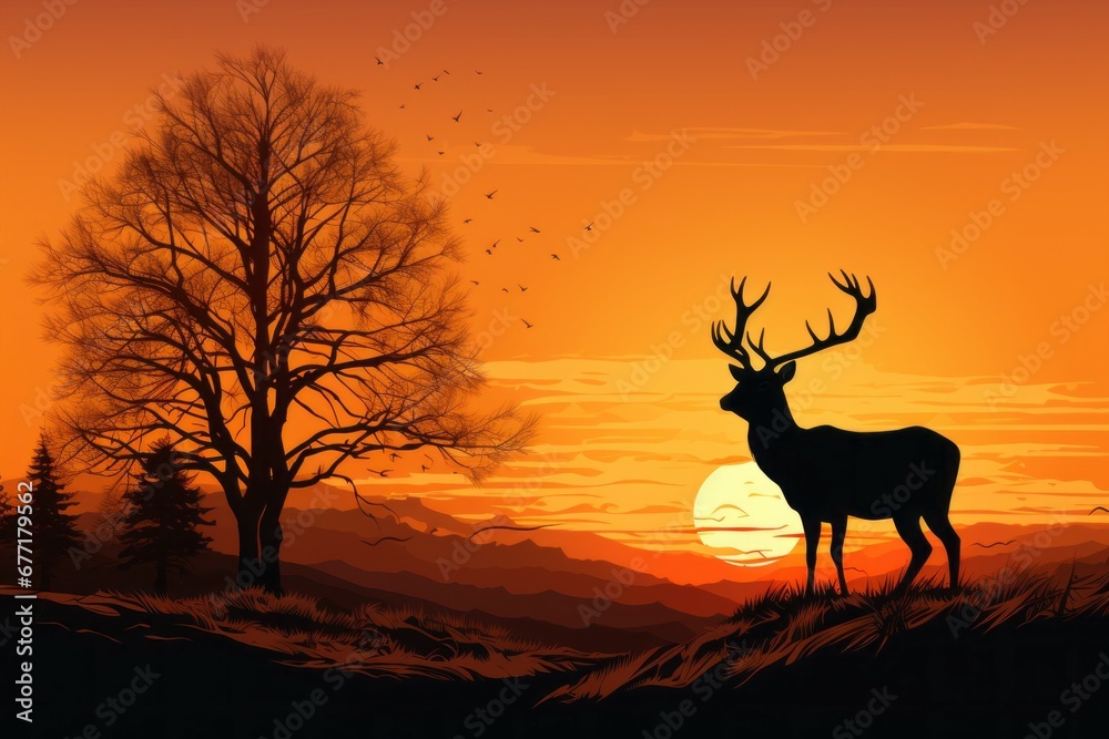 Deer at sunrise or sunset. Background with selective focus and copy space Deer at sunrise or sunset. Background with selective focus and copy space