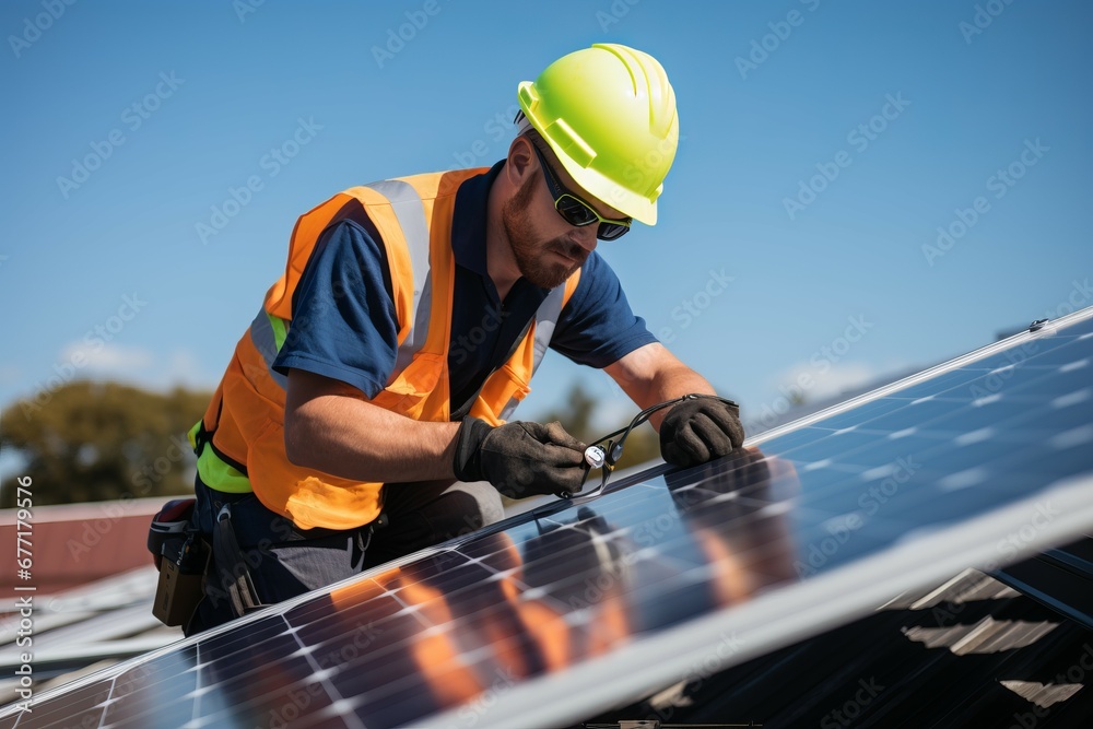 a worker installing solar panels on a roof a worker installing solar panels on a roof
