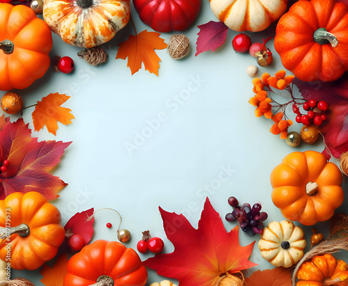 small decorative pumpkins and colorful autumn leaves to the edges of the frame, on a white background