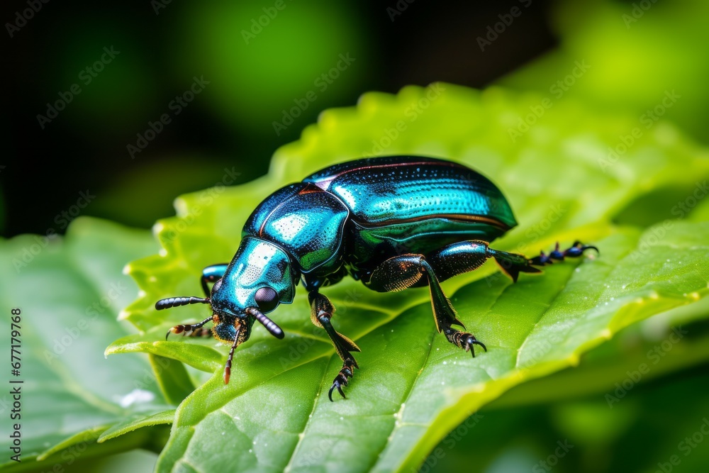 a close up of a blue beetle on a green leaf a close up of a blue beetle on a green leaf