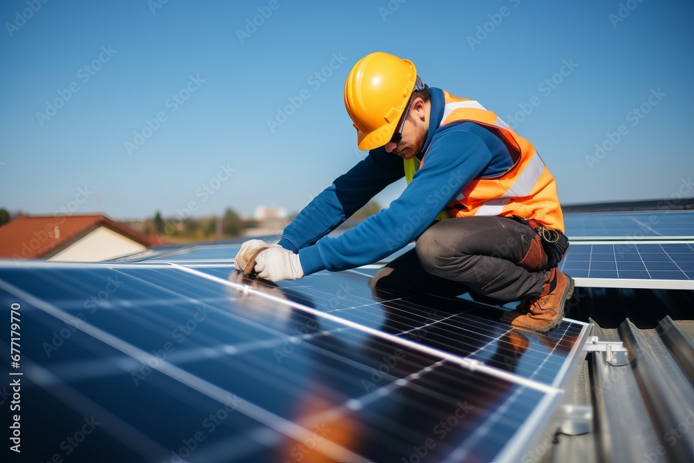 a worker installing solar panels on a roof a worker installing solar panels on a roof
