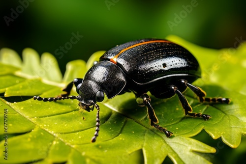 a close up of a black beetle on a green leaf