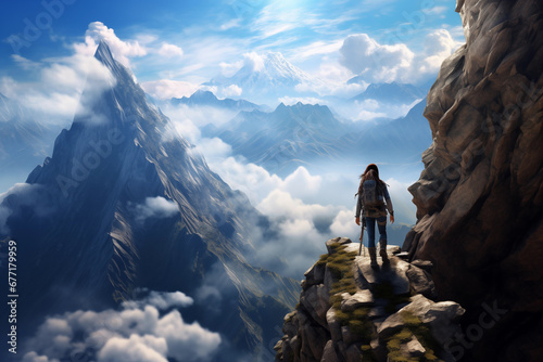 Climber woman standing on top of the mountain looking at beautiful view. Travel lifestyle concept