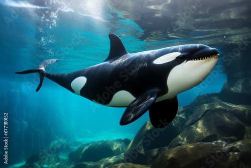 a large orca whale swimming under water