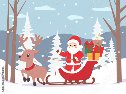 Christmas card, cartoon Santa with cute reindeer and sleigh. Forest landscape with trees and snowfall. Vector illustration