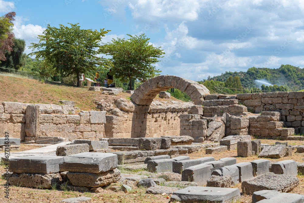 Ruins in Ancient Olympia and stadium entrance, Peloponnese, Greece