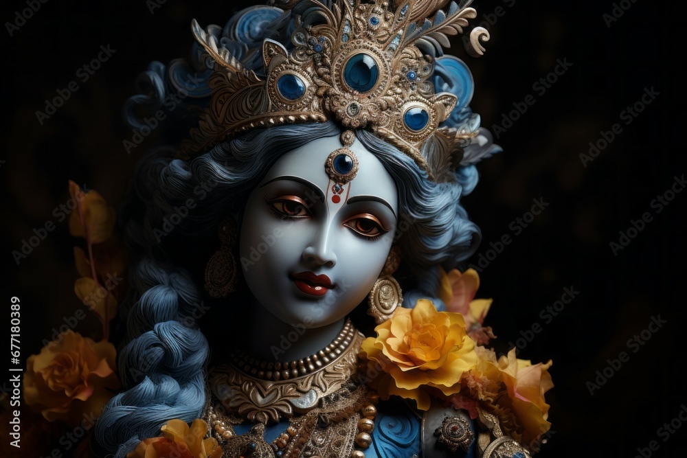 Krishna in Asian style. Religious concept with selective focus and copy space