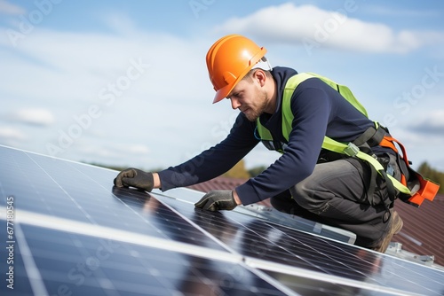 a worker installing solar panels on a roof