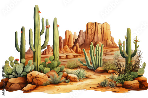 Cactus in the desert isolated on transparent background. Desert landscape with cactus photo