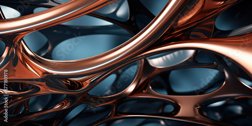 Copper curves and silver shapes against a dark backdrop.