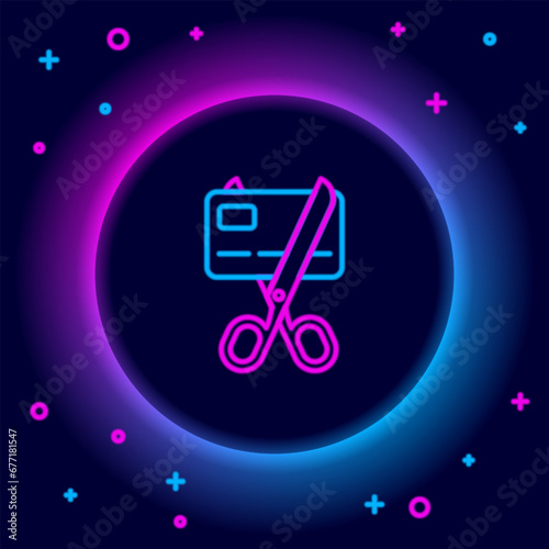 Glowing neon line Scissors cutting a credit card icon isolated on black background. Online payment. Cash withdrawal. Financial operations. Shopping sign. Colorful outline concept. Vector