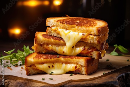 Grilled cheese sandwiches. The warm, golden hues and tempting aroma invite you to savor each bite, capturing the essence of comfort and indulgence in every cheesy moment. photo