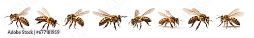 Set of natural bees on a transparent or white background. Macro side close-up view. png image.  photo