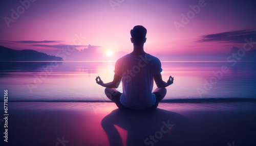  Dawn Meditation - Man by Sea A serene image of a man in meditation pose sitting by the sea as the first light of dawn colors the sky in soft hues of purple and pink.