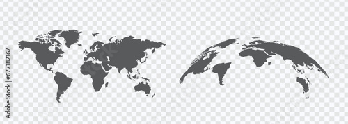 Spherical Gray World Map on Transparent Background. Global geography concept. Vector illustration.