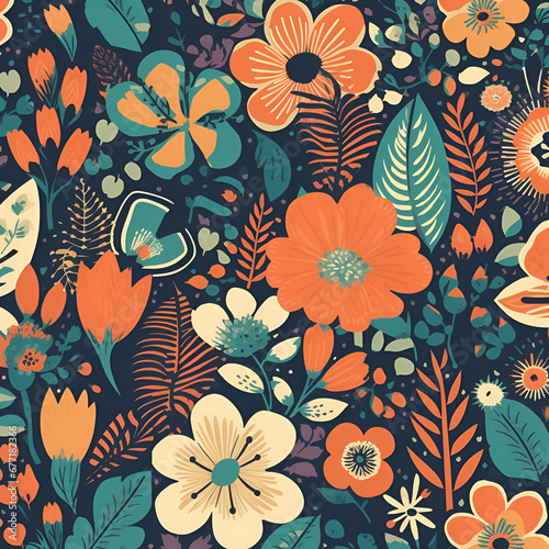 Mid-Century Floral Pattern, generative ai