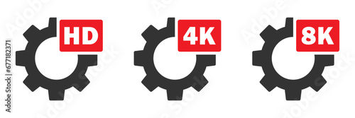 HD 4K 8K settings icon set. Gear sign with text. Vector illustration