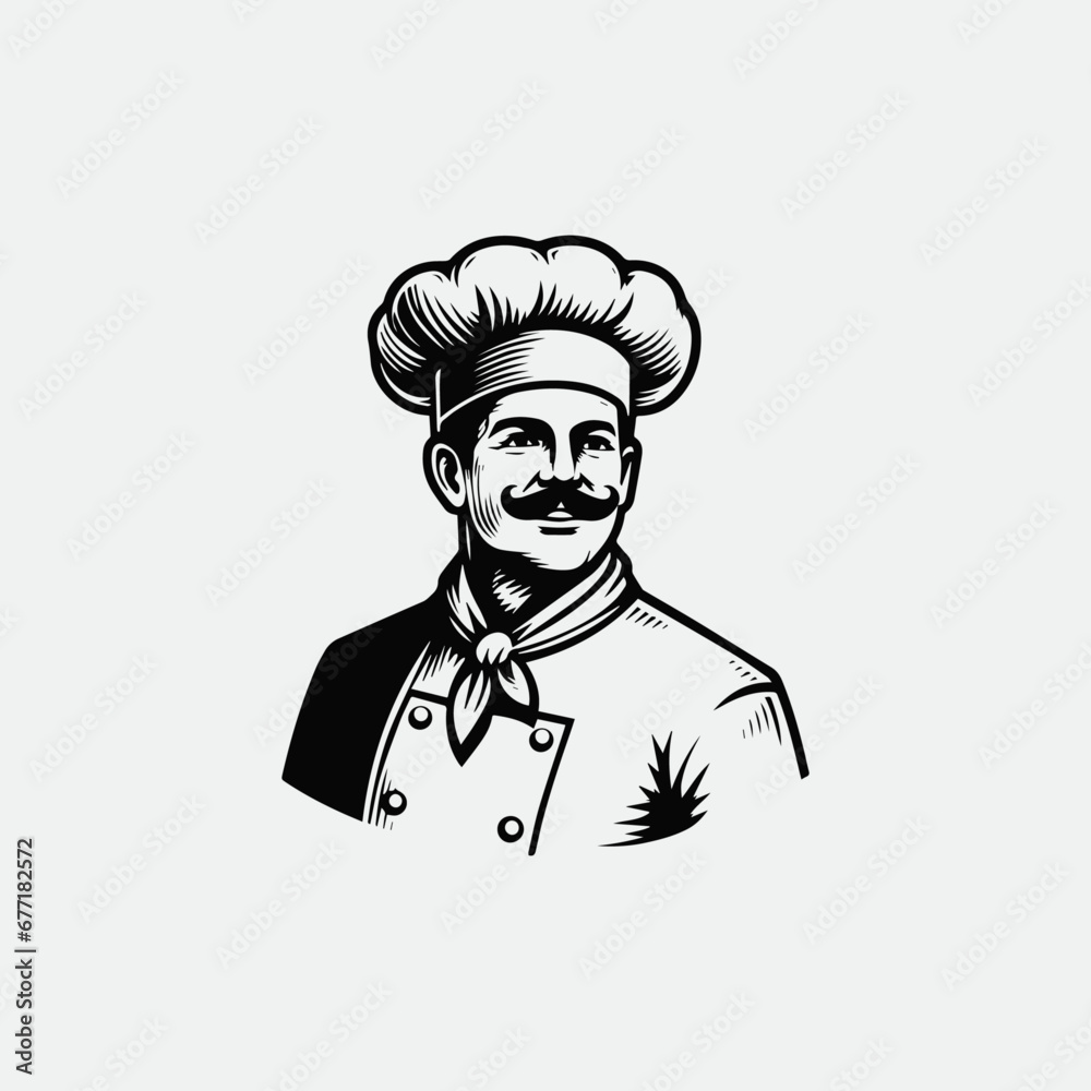 Master chef male face with mustache and hat illustration for logo, chef logo, vintage illustration of chef logo