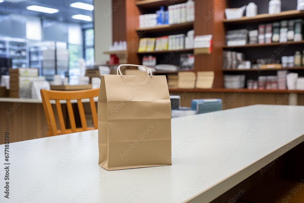recycled paper bag on a table, pharmacy shelves with medicine on a background