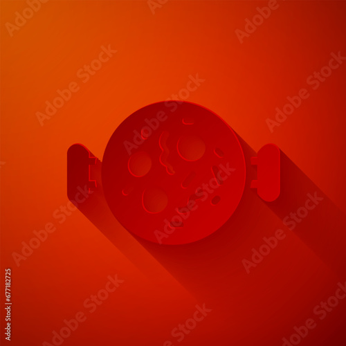 Paper cut Chicken tikka masala icon isolated on red background. Indian traditional food. Paper art style. Vector