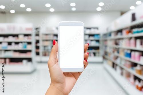 pharmacist hand hold blank mobile phone in pharmacy